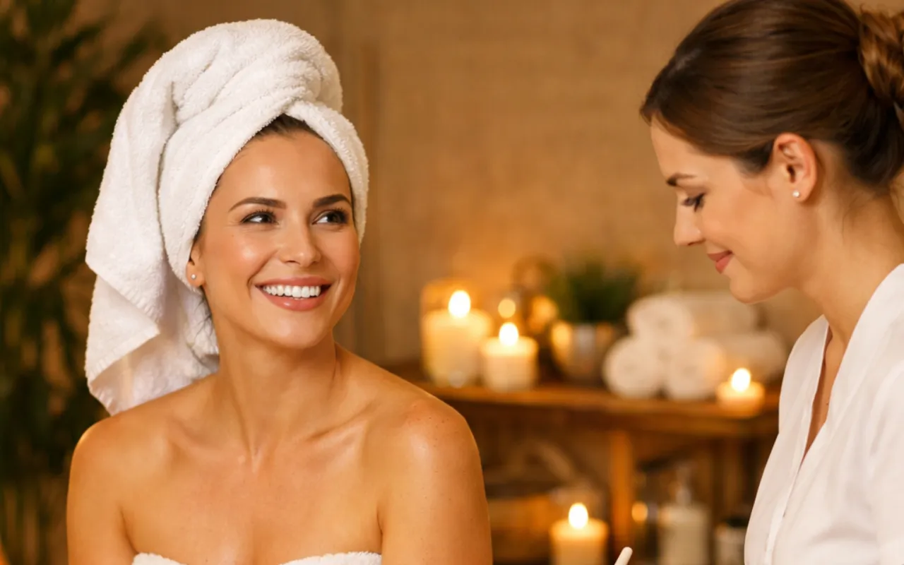 Lauren talking a smiling client through her treatment in a candlelit treatment room
