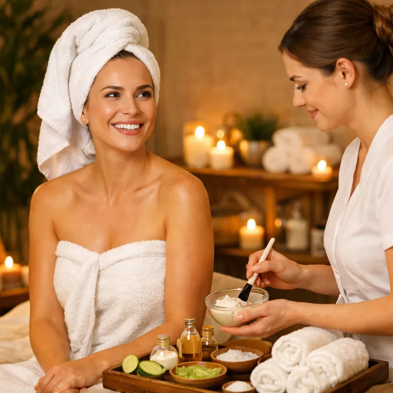 Facial care preparation beside a client
